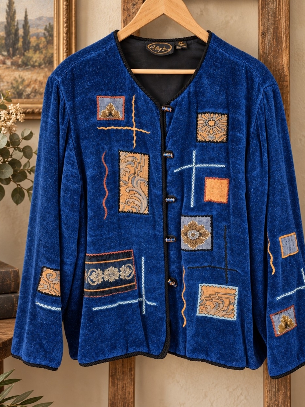 Vintage Alex Kim 2X Blue Chenille Wearable Art Embroidered Patchwork Jacket